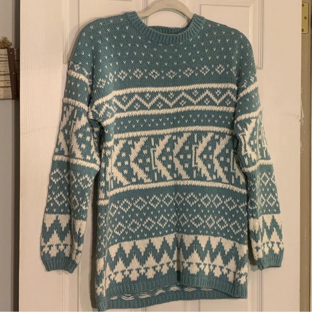 Cozy Teal & Cream Fair Isle Crewneck Sweater